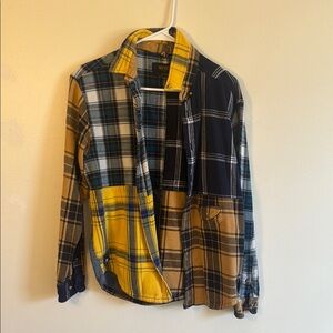 Yellow and Blue Casual Button Down Shirt with Plaid Design